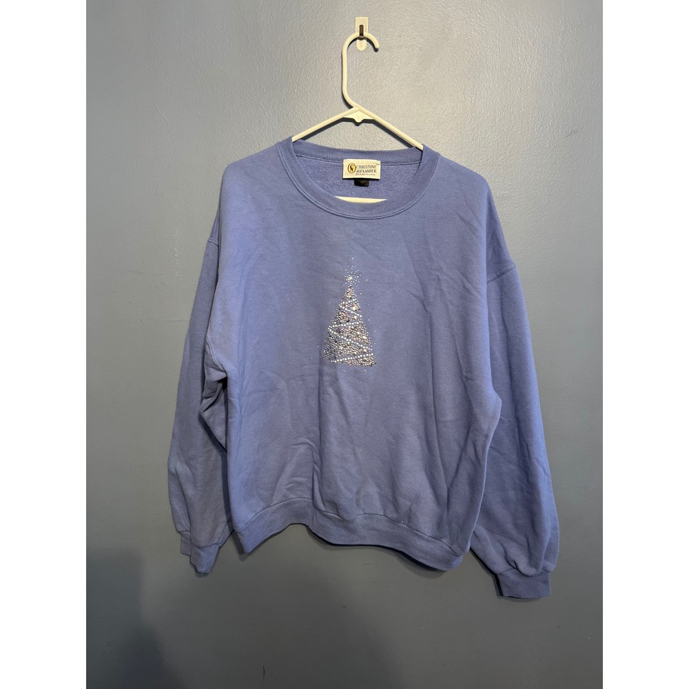 Christine Alexander Embellished Light Blue Christmas Tree Crewneck Sweatshirt XL